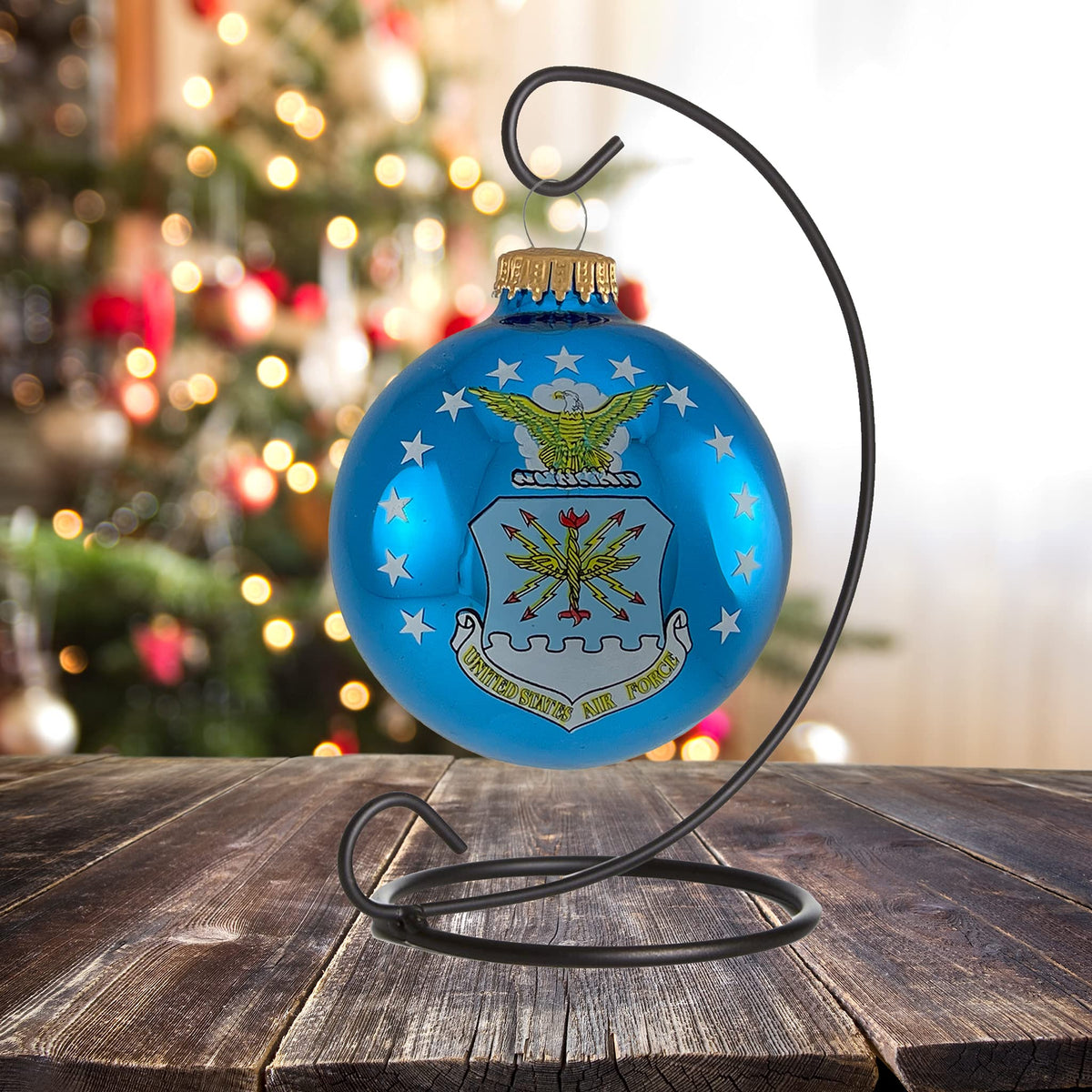 Christmas Tree Ornaments Made in the USA - 80mm / 3.25" Decorated Collectible Glass Balls from Christmas by Krebs - Handmade Hanging Holiday Decoration for Trees (USAF with Est Date, Flag)