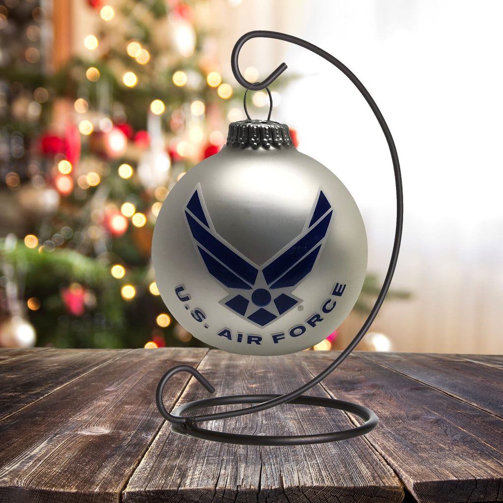 Christmas Tree Ornaments Made in the USA - 80mm / 3.25" Decorated Collectible Glass Balls from Christmas by Krebs - Handmade Hanging Holiday Decoration for Trees (USAF with Est Date, Logo)