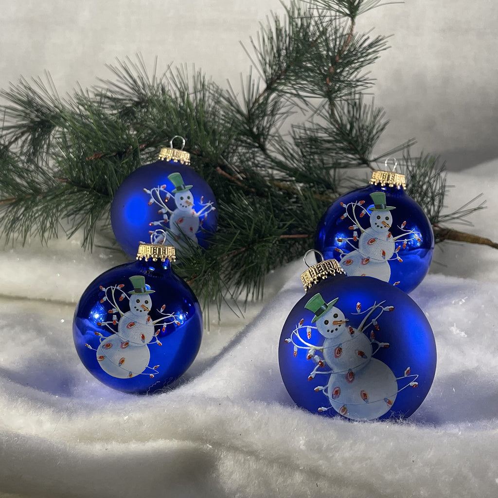 Glass Christmas Tree Ornaments - 67mm/2.63" [4 Pieces] Decorated Balls from Christmas by Krebs Seamless Hanging Holiday Decor (Victoria Blue and Royal Velvet With Snowman)
