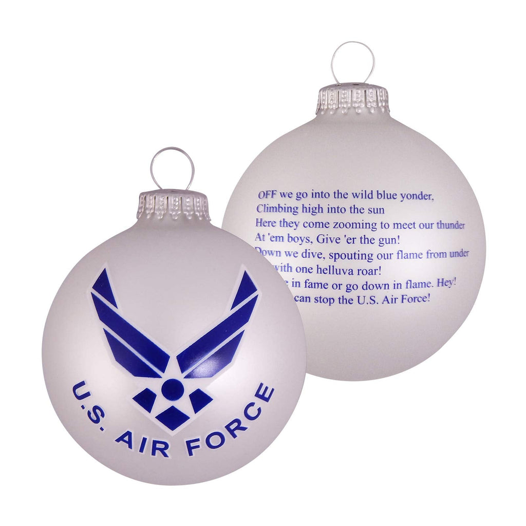 Christmas Tree Ornaments Made in the USA - 80mm / 3.25" Decorated Collectible Glass Balls from Christmas by Krebs - Handmade Hanging Holiday Decoration for Trees (USAF Logo & Hymn, Silver Pearl)