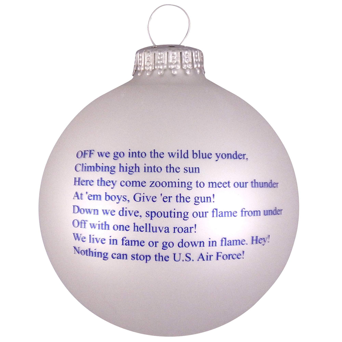 Christmas Tree Ornaments Made in the USA - 80mm / 3.25" Decorated Collectible Glass Balls from Christmas by Krebs - Handmade Hanging Holiday Decoration for Trees (USAF Logo & Hymn, Silver Pearl)
