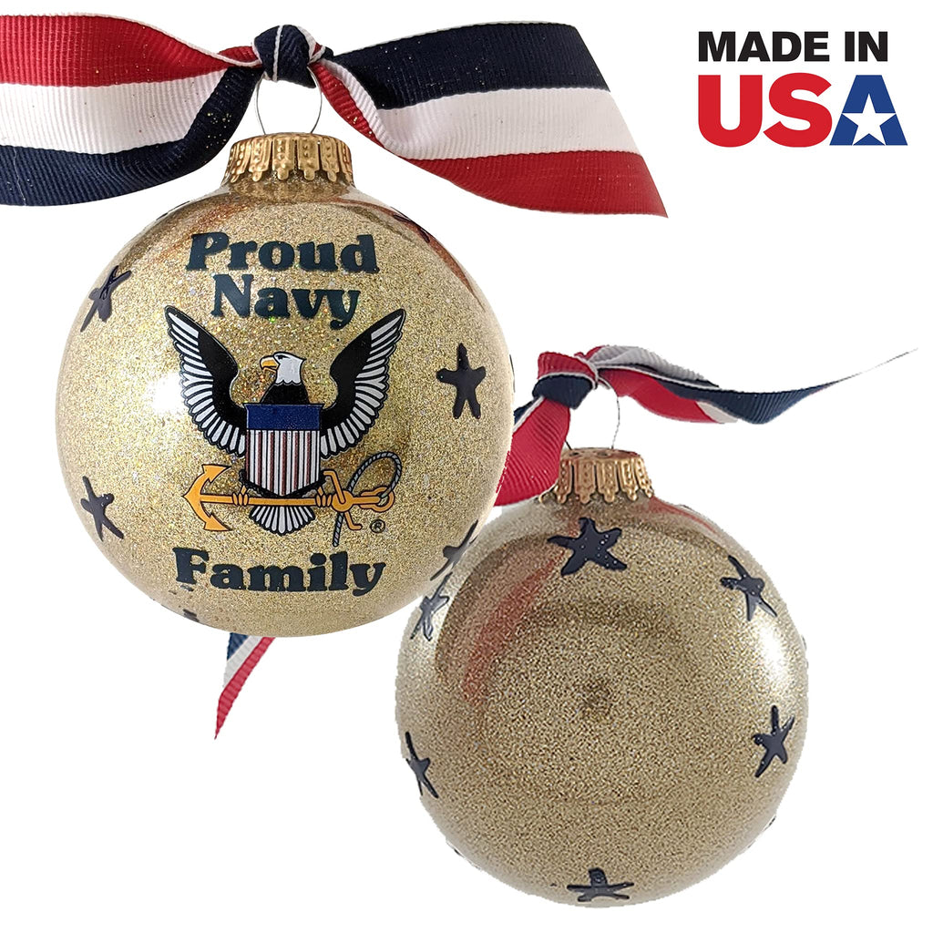 Christmas Tree Ornaments Made in the USA - 80mm / 3.25" Decorated Collectible Glass Balls from Christmas by Krebs - Handmade Hanging Holiday Decoration for Trees (HUGS Proud Navy Family)