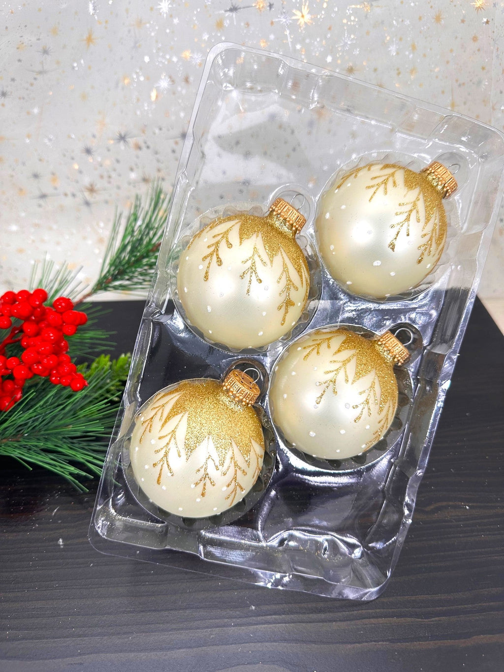 Vanilla Ice Velvet 2 5/8" (67mm) Glass Ball with Hanging Branches (4)