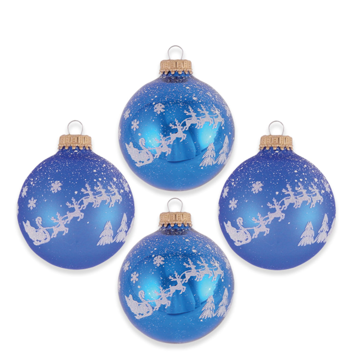Glass Christmas Tree Ornaments - 67mm/2.63" [4 Pieces] Decorated Balls from Christmas by Krebs Seamless Hanging Holiday Decor (Classic Blue Shine with Santa Sleigh)