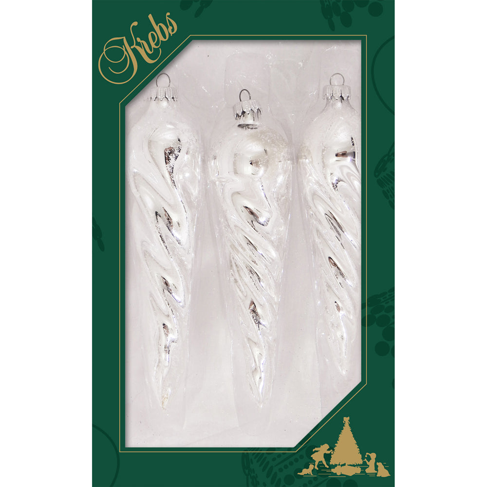 Glass Christmas Tree Ornaments - Decorated from Christmas by Krebs - Handmade Seamless Hanging Holiday Decorations for Trees (6" Bright Silver & White Glitter Twisted Icicles [3 Pieces])