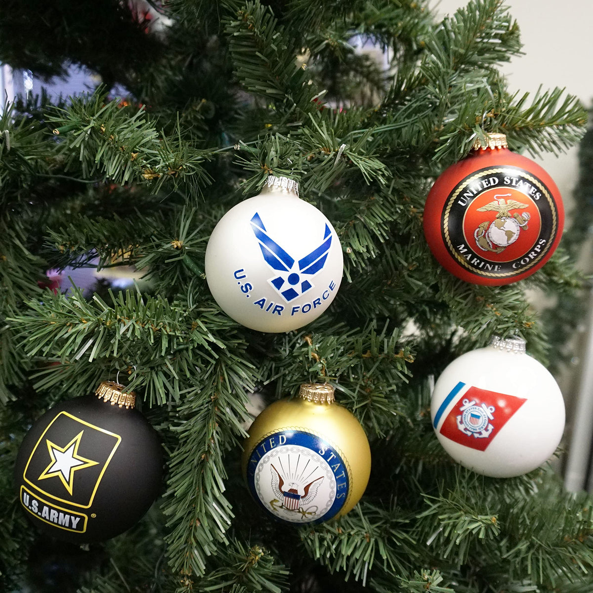 Christmas Tree Ornaments Made in the USA - 80mm / 3.25" Decorated Collectible Glass Balls from Christmas by Krebs - Handmade Hanging Holiday Decorations for Trees (Marine Corps Seal and Established Date, Silk)