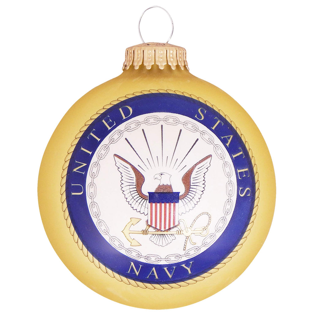 Christmas Tree Ornaments Made in the USA - 80mm / 3.25" Decorated Collectible Glass Balls from Christmas by Krebs - Handmade Hanging Holiday Decoration for Trees (USN Logo & Hymn, Matte)