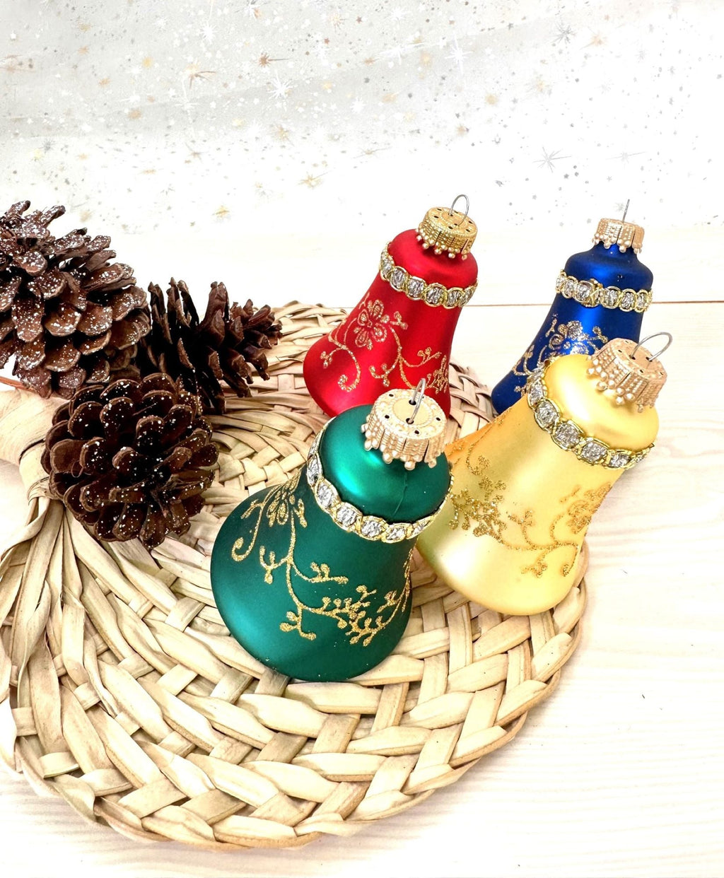 Glass Christmas Tree Ornaments - 67mm/2.625" [4 Pieces] Decorated Balls from Christmas by Krebs Seamless Hanging Holiday Decor (Red, Gold, Navy & Green 3" Bell w/ Glitterlace & Braid)