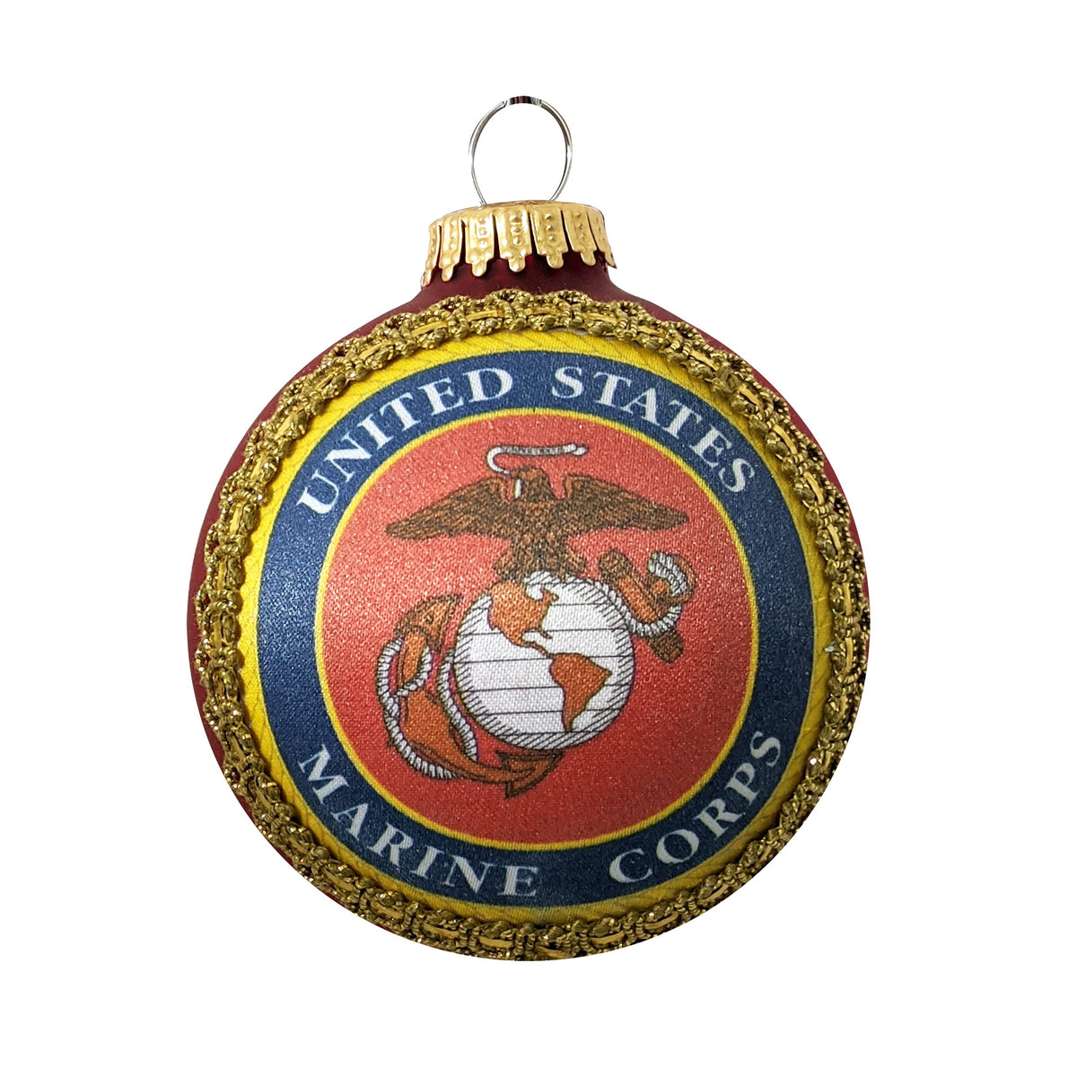 Christmas Tree Ornaments Made in the USA - 80mm / 3.25" Decorated Collectible Glass Balls from Christmas by Krebs - Handmade Hanging Holiday Decoration for Trees (USMC Logo and Hymn, Silk)