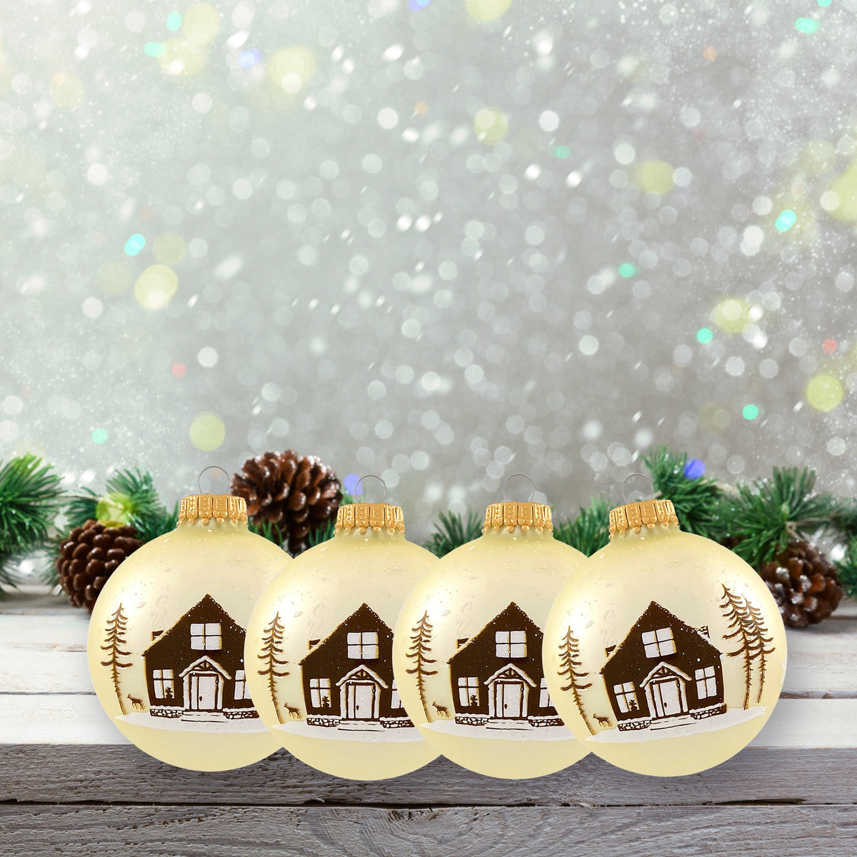 Glass Christmas Tree Ornaments - 67mm/2.625" [4 Pieces] Decorated Balls from Christmas by Krebs Seamless Hanging Holiday Decor (Vanilla Ice and Pearl White with House)