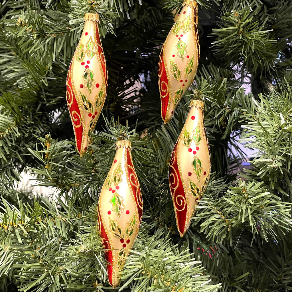 Glass Christmas Tree Ornaments - 67mm/2.63" [4 Pieces] Decorated Balls from Christmas by Krebs Seamless Hanging Holiday Decor (Chiffon Gold 4" Finial with Holly & Scrolls)