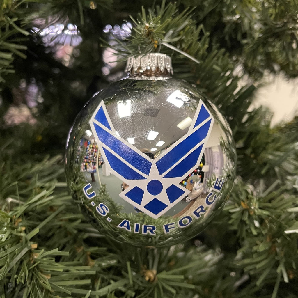 Christmas Tree Ornaments Made in the USA - 80mm / 3.25" Decorated Collectible Glass Balls from Christmas by Krebs - Handmade Hanging Holiday Decoration for Trees (USAF Logo & Hymn, Silver)