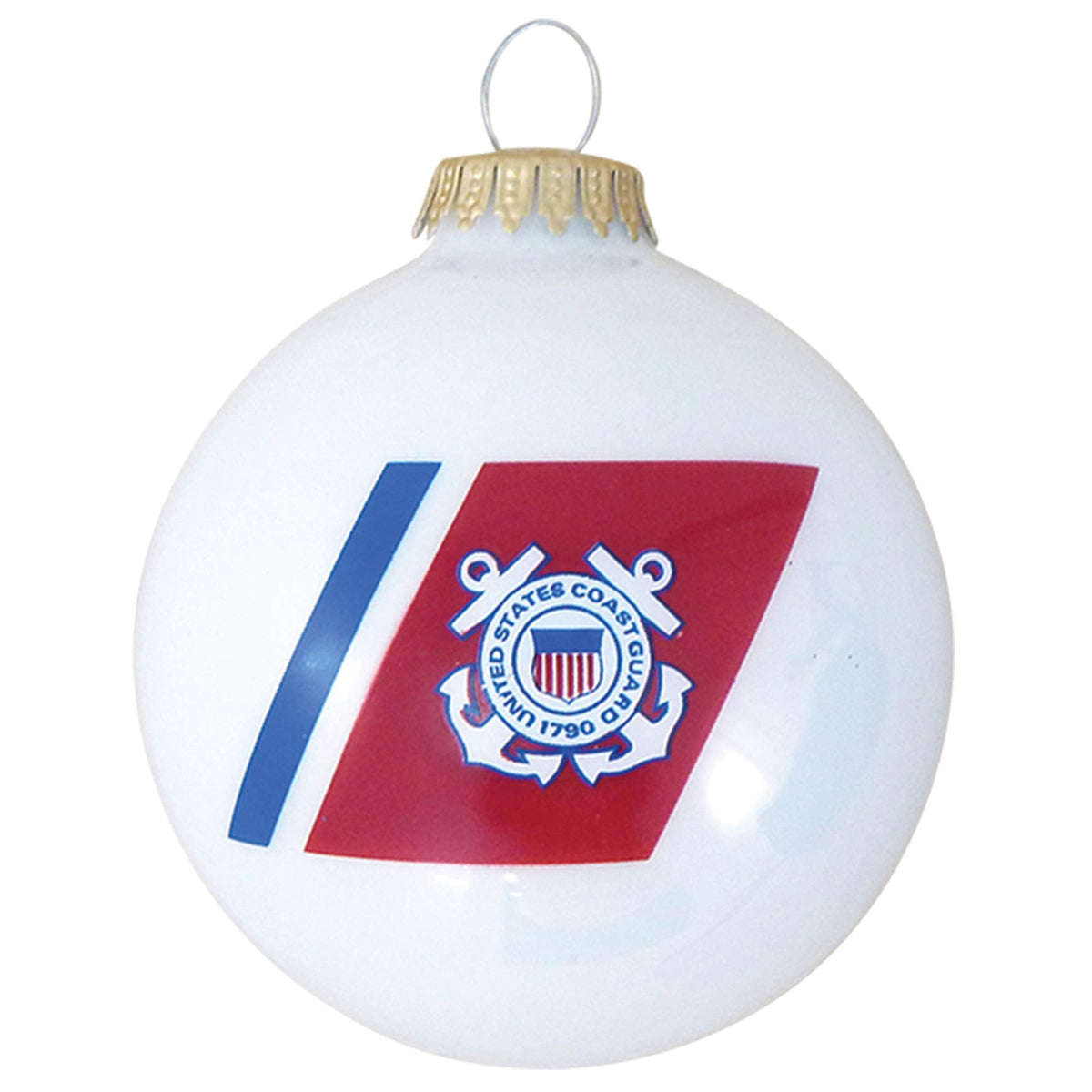 Christmas Tree Ornaments Made in the USA - 80mm / 3.25" Decorated Collectible Glass Balls from Christmas by Krebs - Handmade Hanging Holiday Decoration for Trees (USCG Logo and Hymn)
