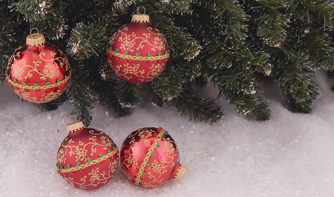Glass Christmas Tree Ornaments - 67mm/2.63" [4 Pieces] Decorated Balls from Christmas by Krebs Seamless Hanging Holiday Decor (Red & Velvet w/ Glitterlace and Braid)