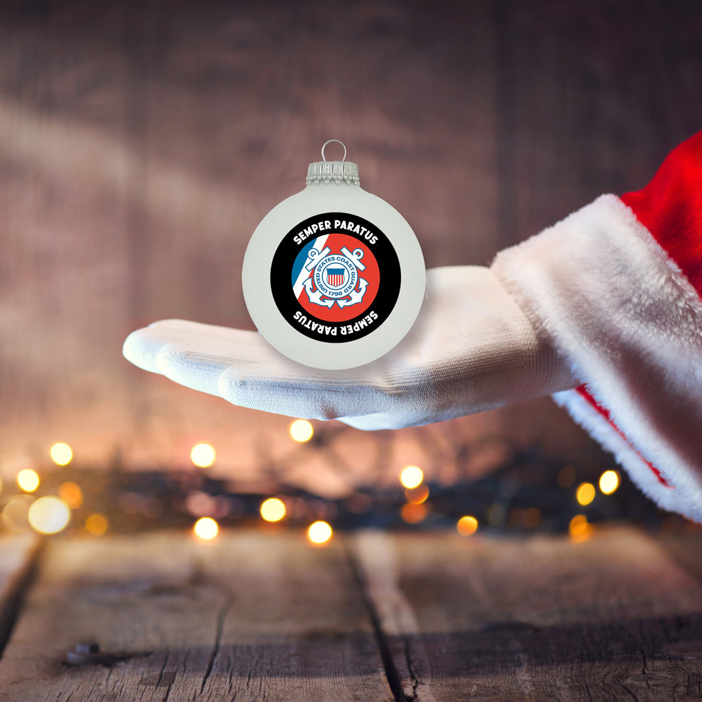 Christmas Tree Ornaments Made in the USA - 80mm / 3.25" Decorated Collectible Glass Balls from Christmas by Krebs - Handmade Hanging Holiday Decoration for Trees (USCG Logo & Hymn)
