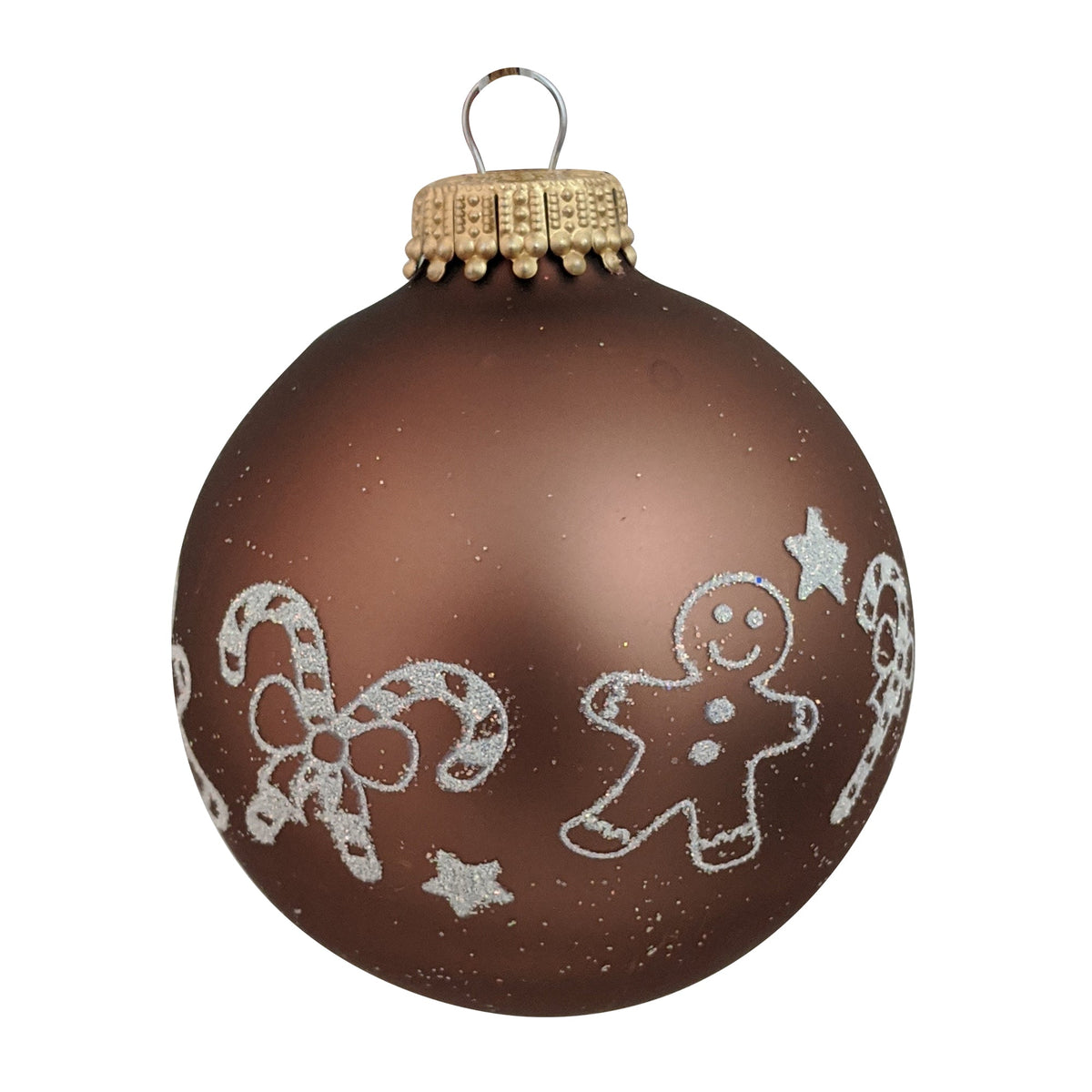 Glass Christmas Tree Ornaments - 67mm/2.625" [4 Pieces] Decorated Balls from Christmas by Krebs Seamless Hanging Holiday Decor (Coconut Brown with White Gingerbread & Candy Canes)