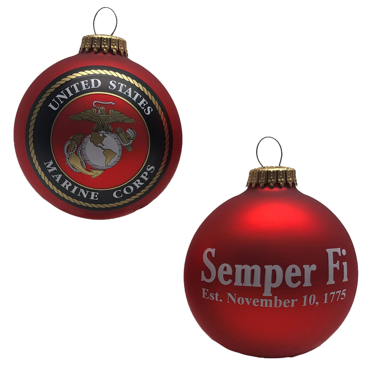 Christmas Tree Ornaments Made in the USA - 80mm / 3.25" Decorated Collectible Glass Balls from Christmas by Krebs - Handmade Hanging Holiday Decorations for Trees (Marine Corps Seal and Established Date, Silk)