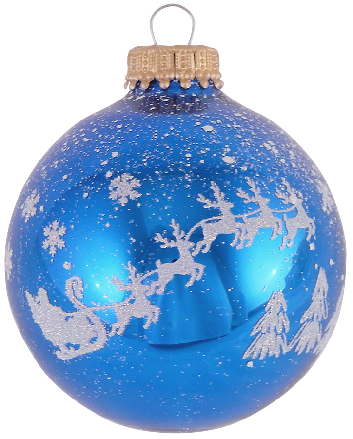 Glass Christmas Tree Ornaments - 67mm/2.63" [4 Pieces] Decorated Balls from Christmas by Krebs Seamless Hanging Holiday Decor (Classic Blue Shine with Santa Sleigh)