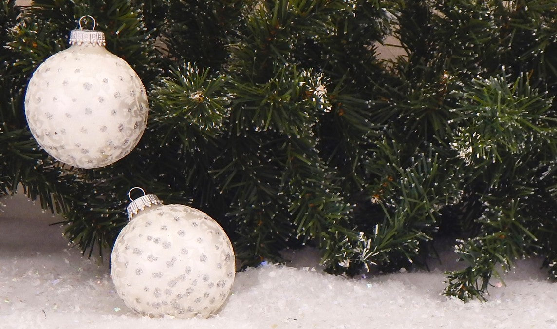 Glass Christmas Tree Ornaments - 67mm/2.63" [4 Pieces] Decorated Balls from Christmas by Krebs Seamless Hanging Holiday Decor (Silver Pearl with Lace and Silver Sparkles)