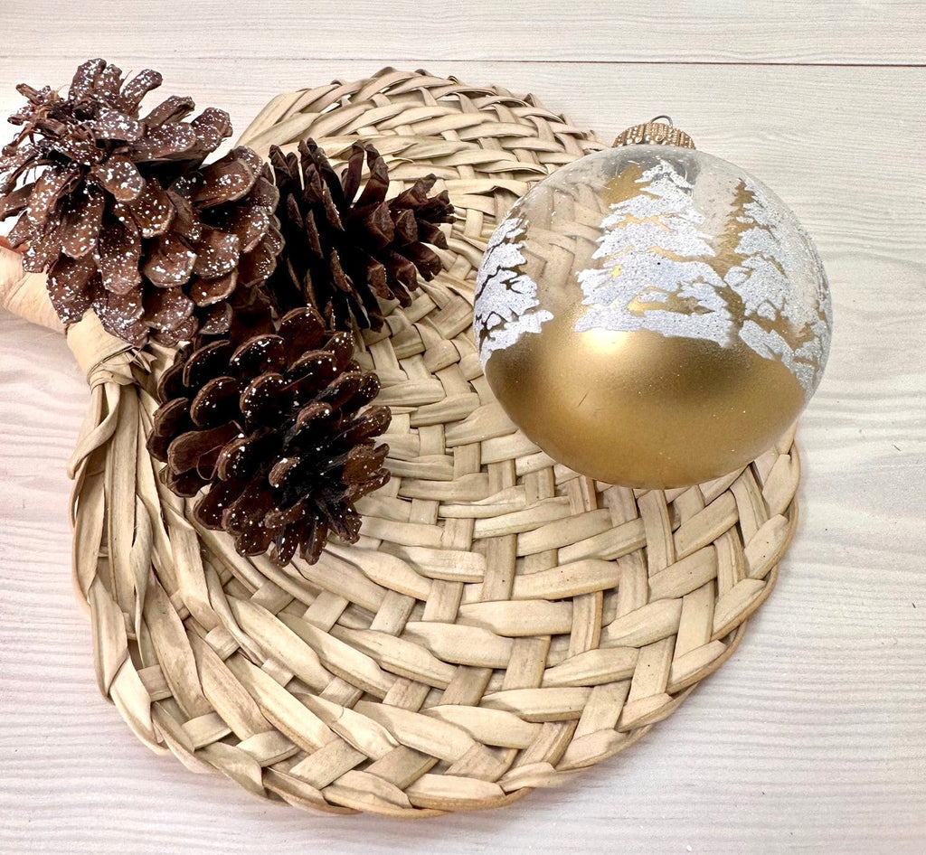 Glass Christmas Tree Ornaments - 67mm/2.63" [4 Pieces] Decorated Balls from Christmas by Krebs Seamless Hanging Holiday Decor (Clear with Gold & White Festive Trees)