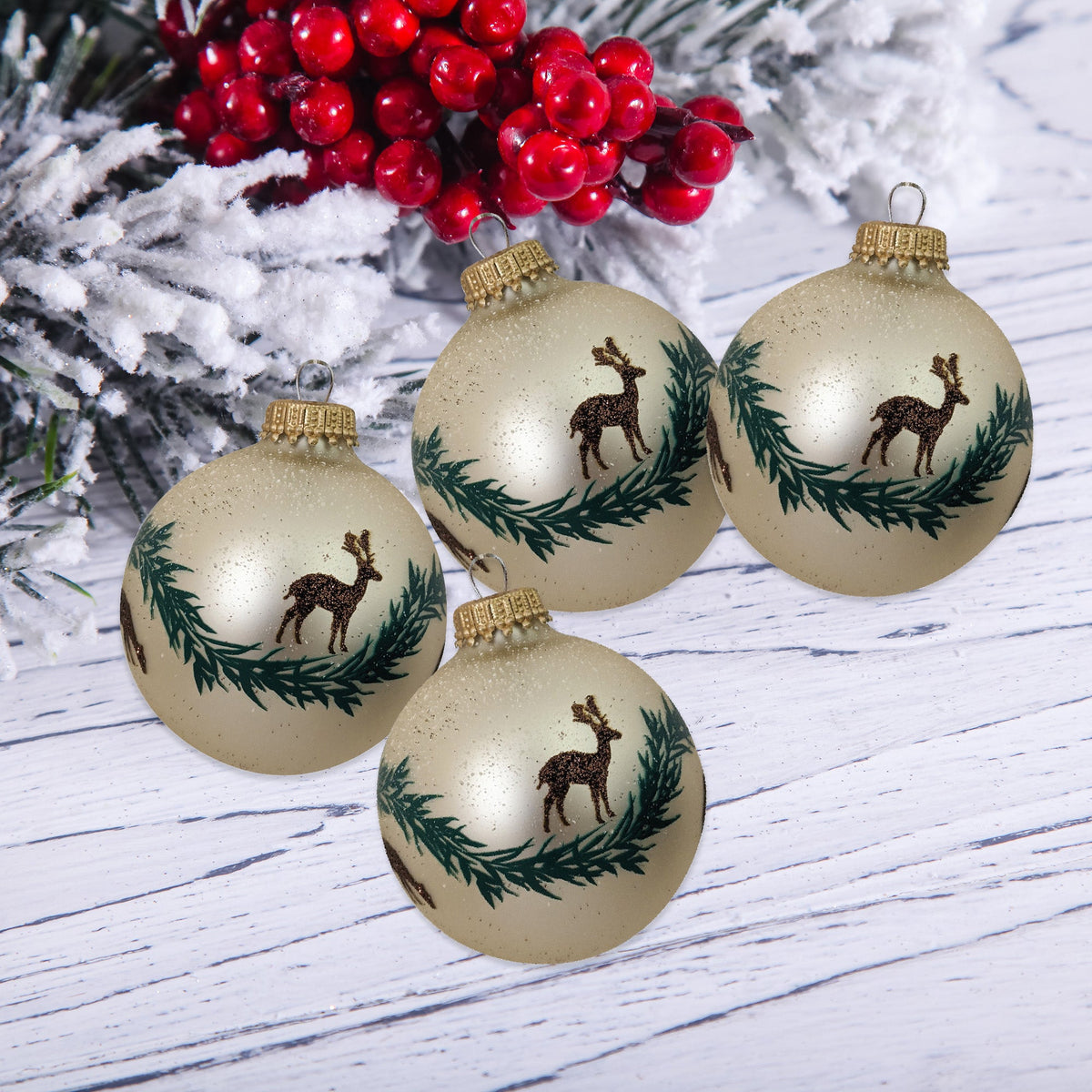 Glass Christmas Tree Ornaments - 67mm/2.63" [4 Pieces] Decorated Balls from Christmas by Krebs Seamless Hanging Holiday Decor (Oyster Velvet w/ Brown Deer & Garland)