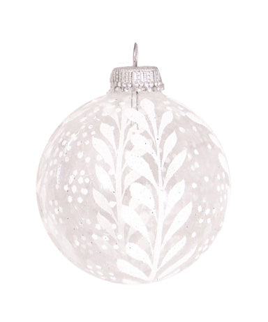 Glass Christmas Tree Ornaments - 67mm/2.63" [4 Pieces] Decorated Balls from Christmas by Krebs Seamless Hanging Holiday Decor (Clear with White Vines and Dots)