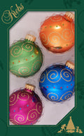 Glass Christmas Tree Ornaments - 67mm/2.625" [4 Pieces] Decorated Balls from Christmas by Krebs Seamless Hanging Holiday Decor (Green, Purple, Orange & Blue with Swirls & Scrolls)