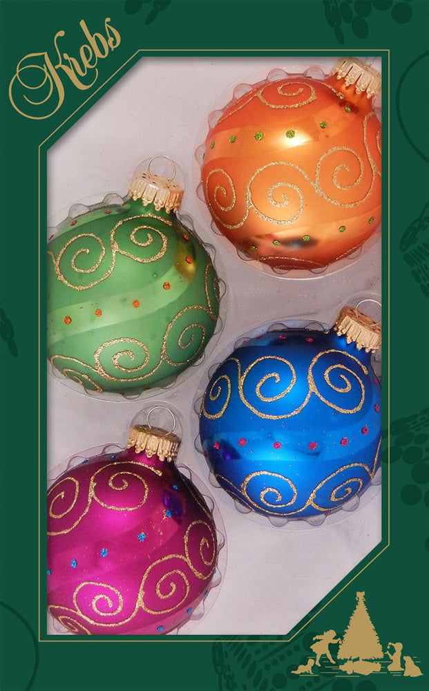 Glass Christmas Tree Ornaments - 67mm/2.625" [4 Pieces] Decorated Balls from Christmas by Krebs Seamless Hanging Holiday Decor (Green, Purple, Orange & Blue with Swirls & Scrolls)