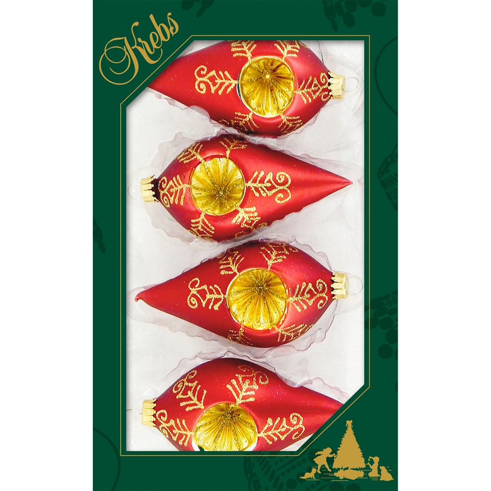 Brilliant Red Velvet 4" Drop Shapes with Gold Reflectors and Gold Crown Caps (4)