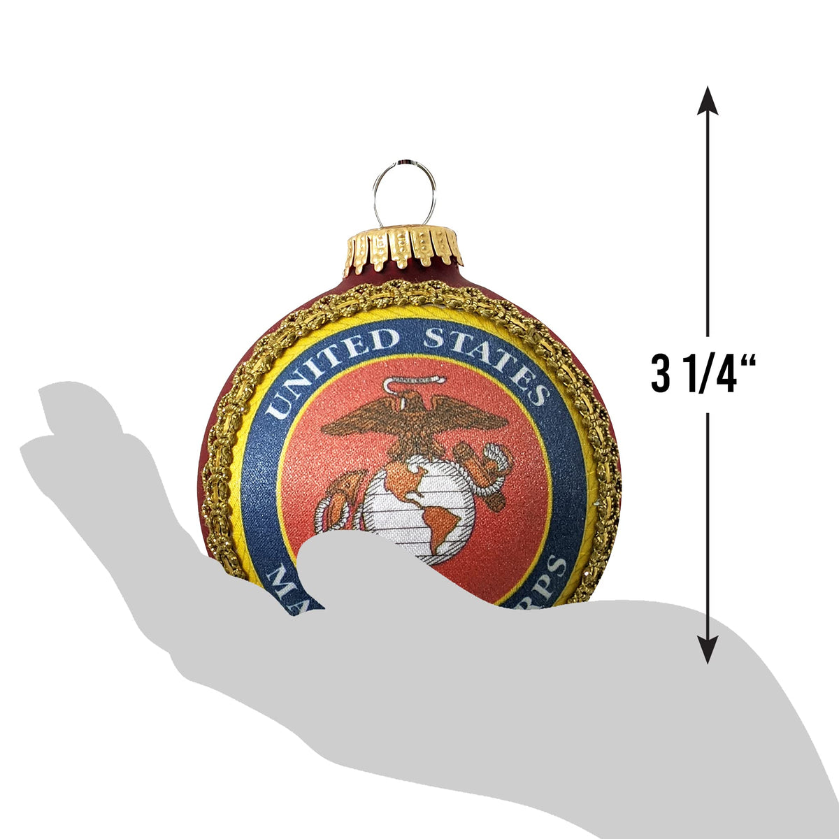 Christmas Tree Ornaments Made in the USA - 80mm / 3.25" Decorated Collectible Glass Balls from Christmas by Krebs - Handmade Hanging Holiday Decoration for Trees (USMC Logo and Hymn, Silk)