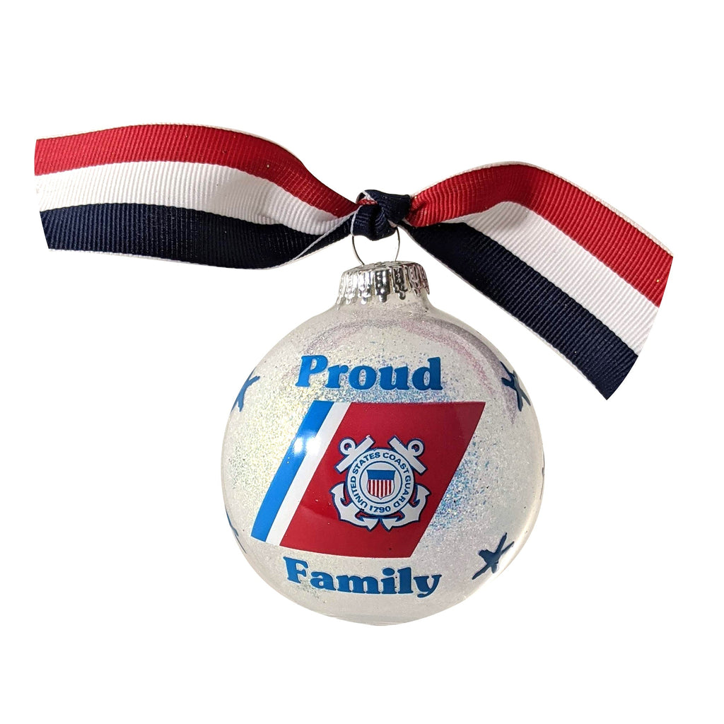 Christmas Tree Ornaments Made in the USA - 80mm / 3.25" Decorated Collectible Glass Balls from Christmas by Krebs - Handmade Hanging Holiday Decoration for Trees (HUGS Proud Coast Guard Family)