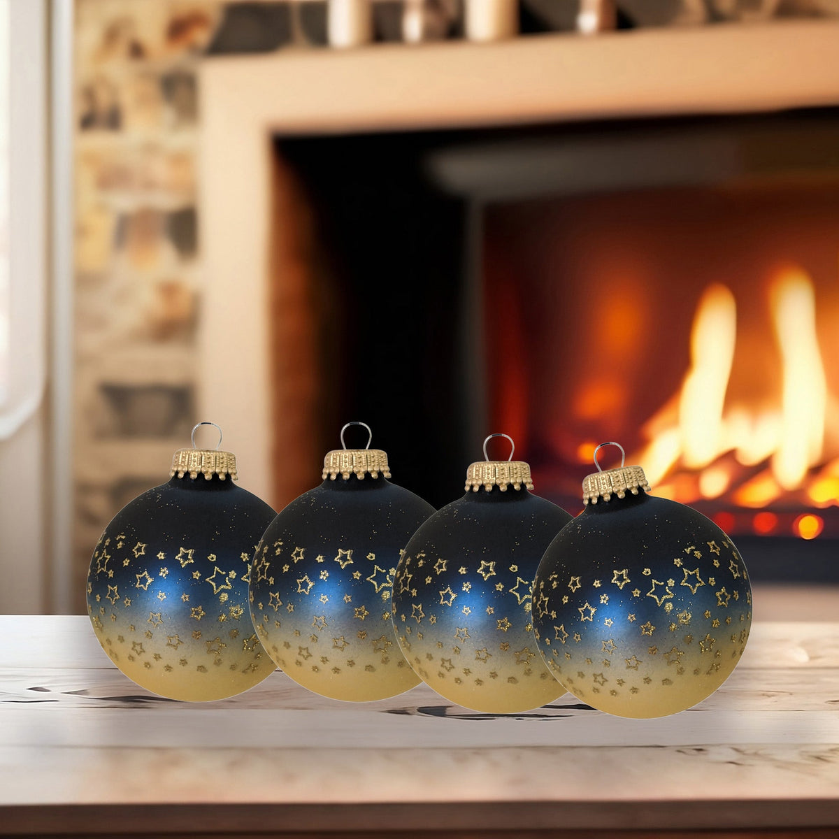 Glass Christmas Tree Ornaments - 67mm/2.63" [4 Pieces] Decorated Balls from Christmas by Krebs Seamless Hanging Holiday Decor (Midnight Haze Blue and Chiffon Gold With Stars)