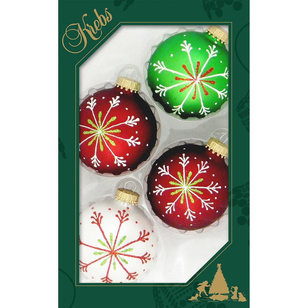 Glass Christmas Tree Ornaments - 67mm/2.625" [4 Pieces] Decorated Balls from Christmas by Krebs Seamless Hanging Holiday Decor (Silver Pearl, Red & Green Velvet with Thin Snowflakes)