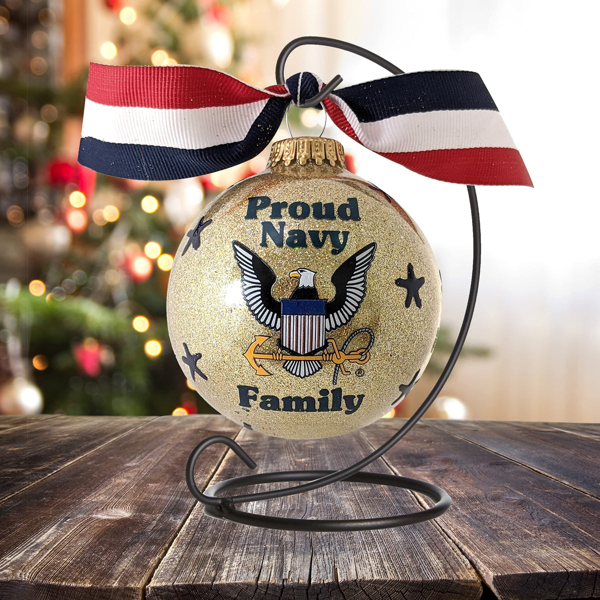 Christmas Tree Ornaments Made in the USA - 80mm / 3.25" Decorated Collectible Glass Balls from Christmas by Krebs - Handmade Hanging Holiday Decoration for Trees (HUGS Proud Navy Family)