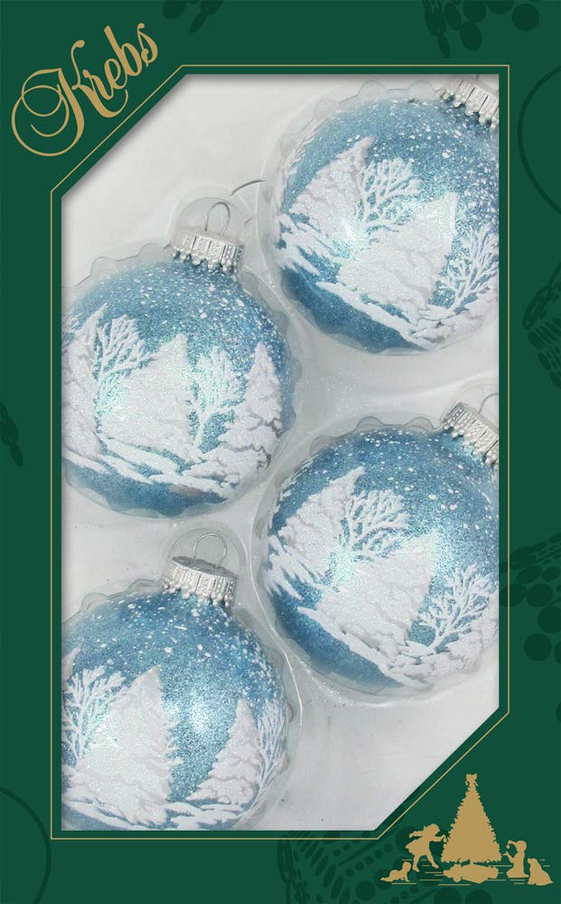 Glass Christmas Tree Ornaments - 67mm/2.63" [4 Pieces] Decorated Balls from Christmas by Krebs Seamless Hanging Holiday Decor (Light Blue Sparkle with Trees)