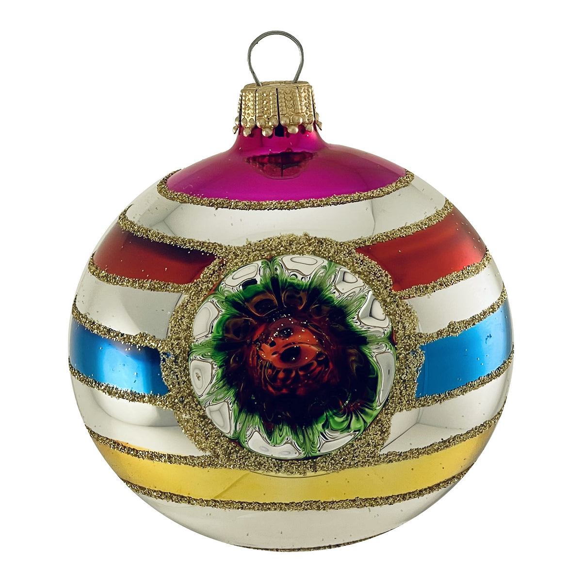 Glass Christmas Tree Ornaments - 67mm/2.63" [4 Pieces] Decorated Balls from Christmas by Krebs Seamless Hanging Holiday Decor (Bright Silver Reflector with Multicolor Lines)