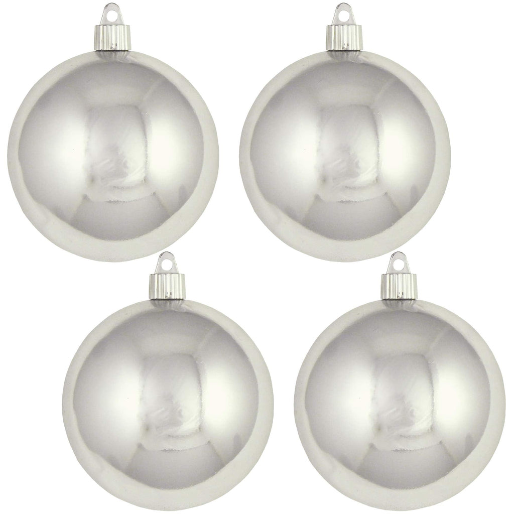 Christmas By Krebs 4" (100mm) Shiny Looking Glass Silver [4 Pieces] Solid Commercial Grade Indoor and Outdoor Shatterproof Plastic, UV and Water Resistant Ball Ornament Decorations
