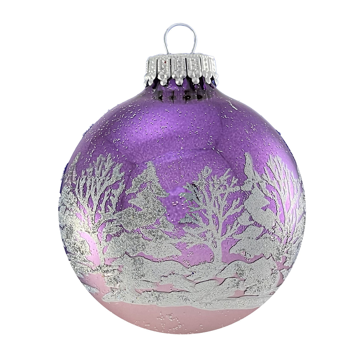 Glass Christmas Tree Ornaments - 67mm/2.625" [4 Pieces] Decorated Balls from Christmas by Krebs Seamless Hanging Holiday Decor (Shiny Purple and Gray Velvet with White Trees)