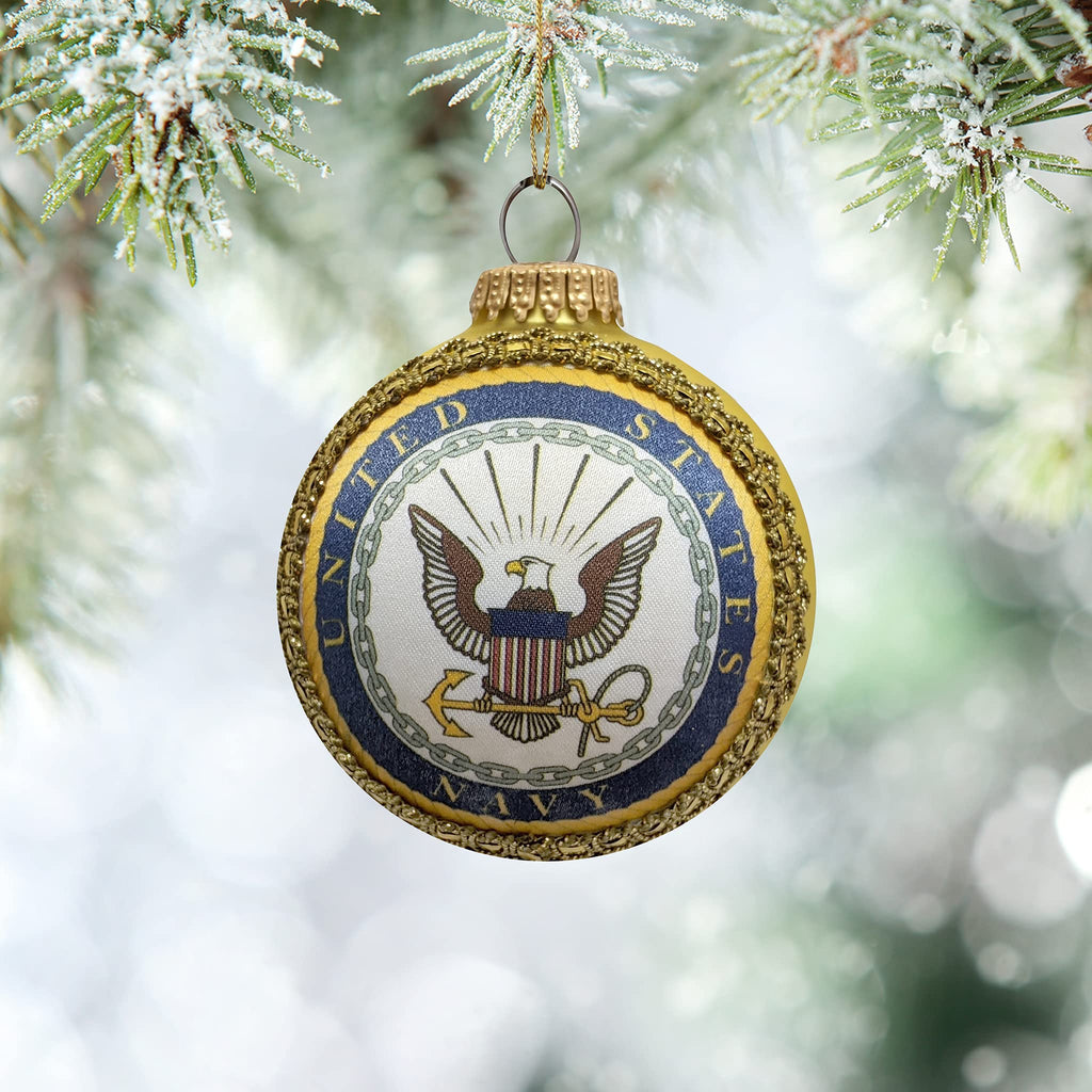 Christmas Tree Ornaments Made in the USA - 80mm / 3.25" Decorated Collectible Glass Balls from Christmas by Krebs - Handmade Hanging Holiday Decoration for Trees (USN Logo and Hymn, Silk)