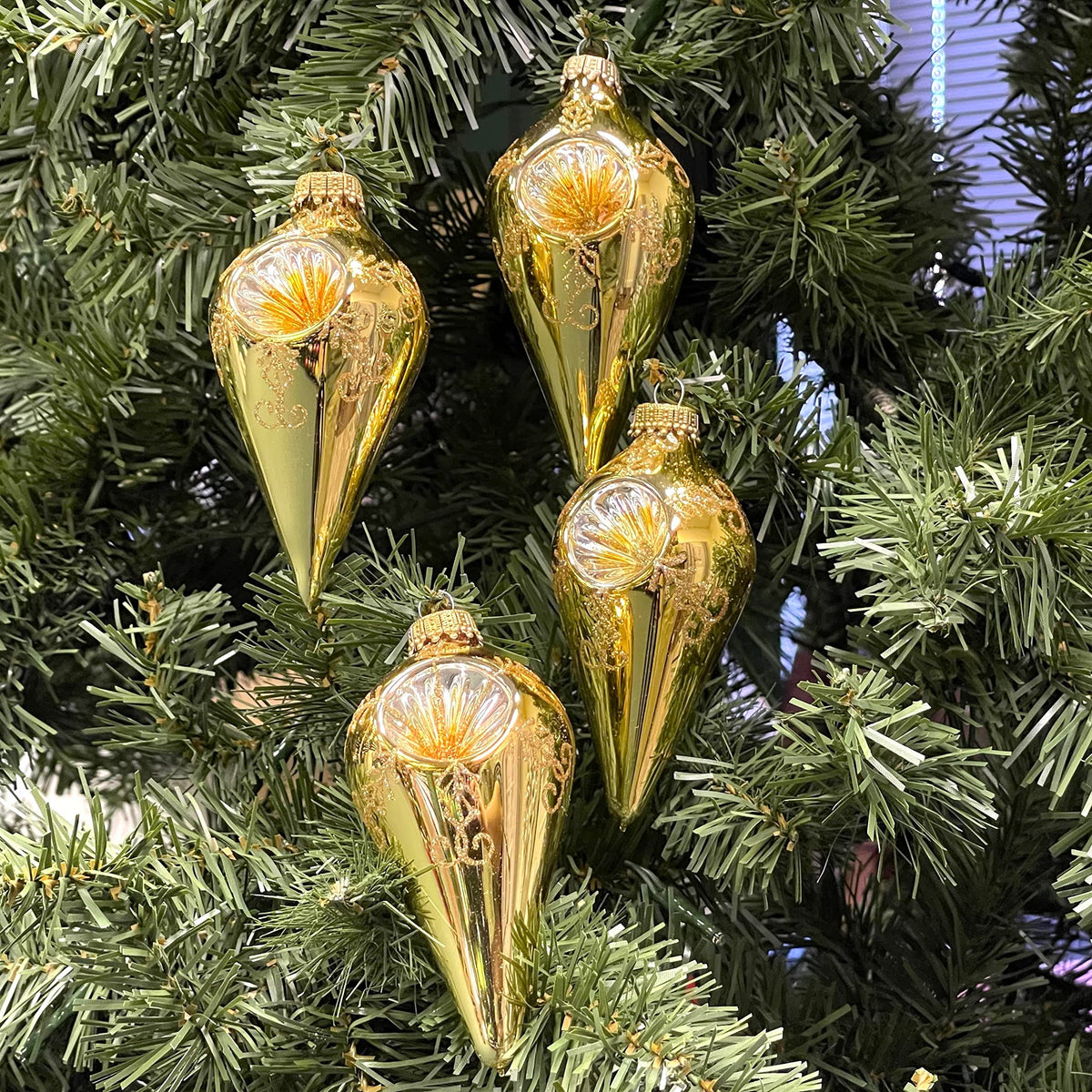Glass Christmas Tree Ornaments - 67mm/2.625" [4 Pieces] Decorated Balls from Christmas by Krebs Seamless Hanging Holiday Decor (Shiny Aztec Gold Reflector 4" Drop Shape)