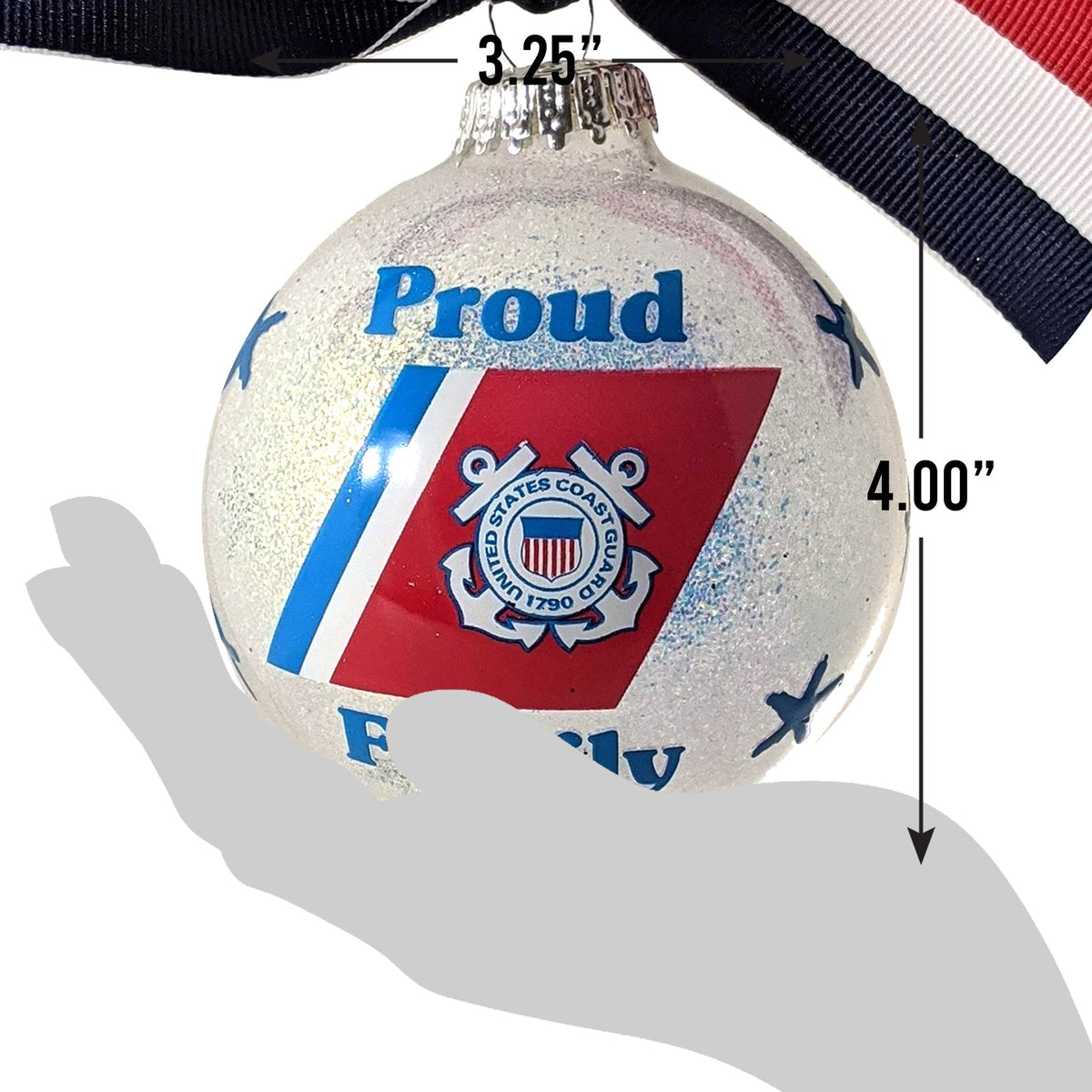 Christmas Tree Ornaments Made in the USA - 80mm / 3.25" Decorated Collectible Glass Balls from Christmas by Krebs - Handmade Hanging Holiday Decoration for Trees (HUGS Proud Coast Guard Family)