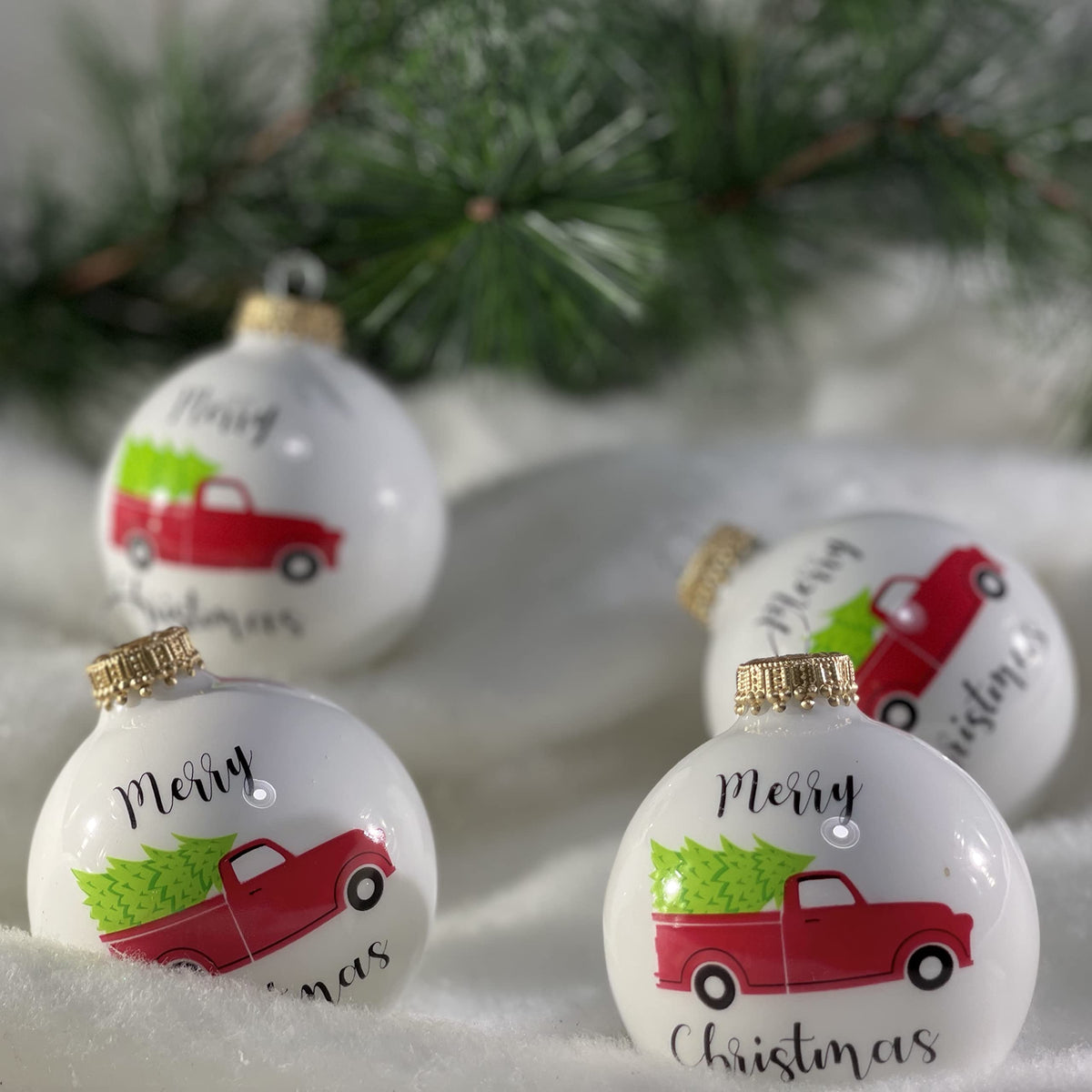 Glass Christmas Tree Ornaments - 67mm/2.63" [4 Pieces] Decorated Balls from Christmas by Krebs Seamless Hanging Holiday Decor (Shiny Porcelain White with Red Vintage Truck)