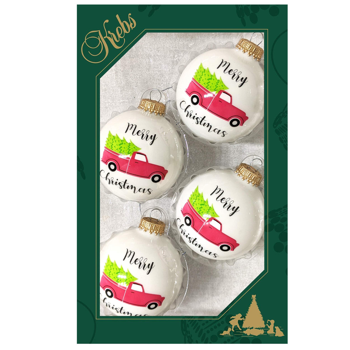 Glass Christmas Tree Ornaments - 67mm/2.63" [4 Pieces] Decorated Balls from Christmas by Krebs Seamless Hanging Holiday Decor (Shiny Porcelain White with Red Vintage Truck)
