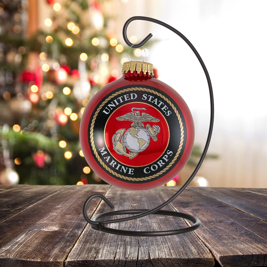 Christmas Tree Ornaments Made in the USA - 80mm / 3.25" Decorated Collectible Glass Balls from Christmas by Krebs - Handmade Hanging Holiday Decoration for Trees (USMC Logo & Hymn)