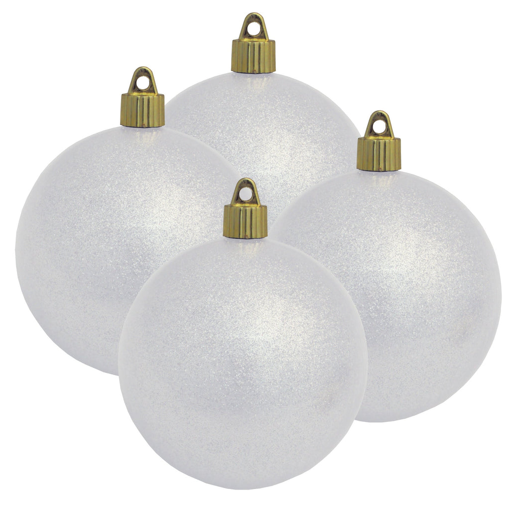 Christmas By Krebs 4" (100mm) White Sparkle [4 Pieces] Solid Commercial Grade Indoor and Outdoor Shatterproof Plastic, Water Resistant Ball Ornament Decorations