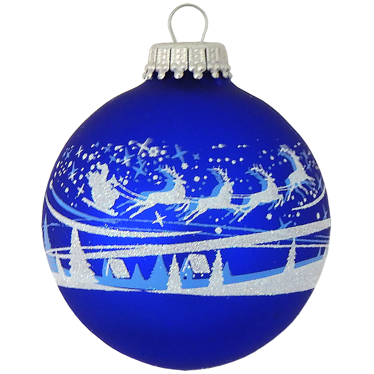 Glass Christmas Tree Ornaments - 67mm/2.63" [4 Pieces] Decorated Balls from Christmas by Krebs Seamless Hanging Holiday Decor (Royal Velvet Blue with Santa Over Village)