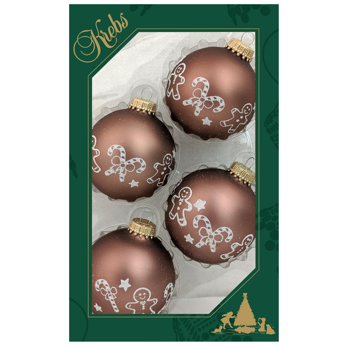 Glass Christmas Tree Ornaments - 67mm/2.625" [4 Pieces] Decorated Balls from Christmas by Krebs Seamless Hanging Holiday Decor (Coconut Brown with White Gingerbread & Candy Canes)