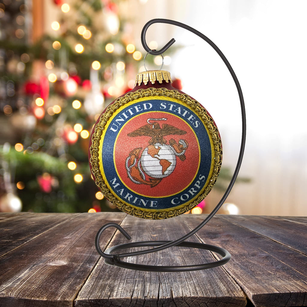 Christmas Tree Ornaments Made in the USA - 80mm / 3.25" Decorated Collectible Glass Balls from Christmas by Krebs - Handmade Hanging Holiday Decoration for Trees (USMC Logo and Hymn, Silk)