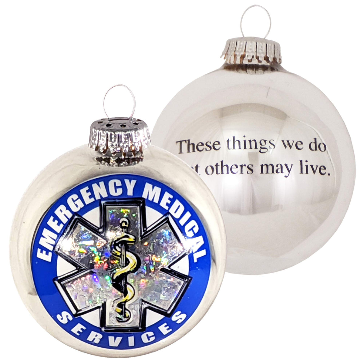 Christmas Tree Ornaments - 80mm / 3.25" Decorated Collectible Glass Balls from Christmas by Krebs - Handmade Hanging Holiday Decorations for Trees (Bright Silver with Emergency Medical Services-EMS Logo)