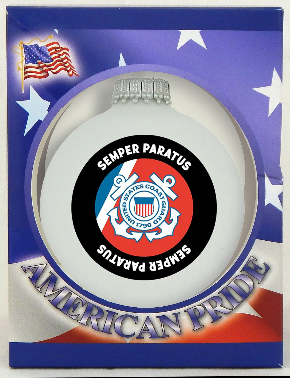 Christmas Tree Ornaments Made in the USA - 80mm / 3.25" Decorated Collectible Glass Balls from Christmas by Krebs - Handmade Hanging Holiday Decoration for Trees (USCG Logo & Hymn)